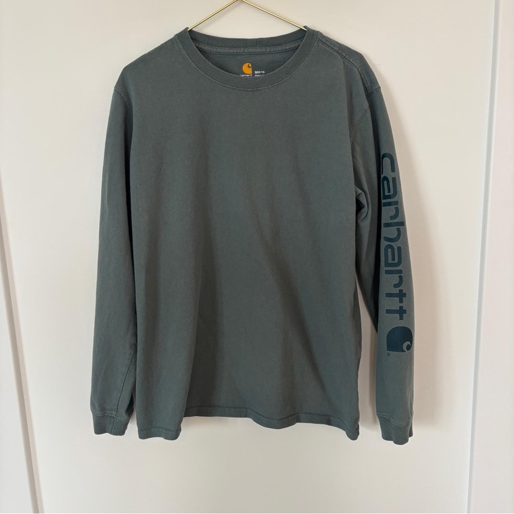 Carhartt Long Sleeve Logo Tee Shirt Gray Green Workwear M